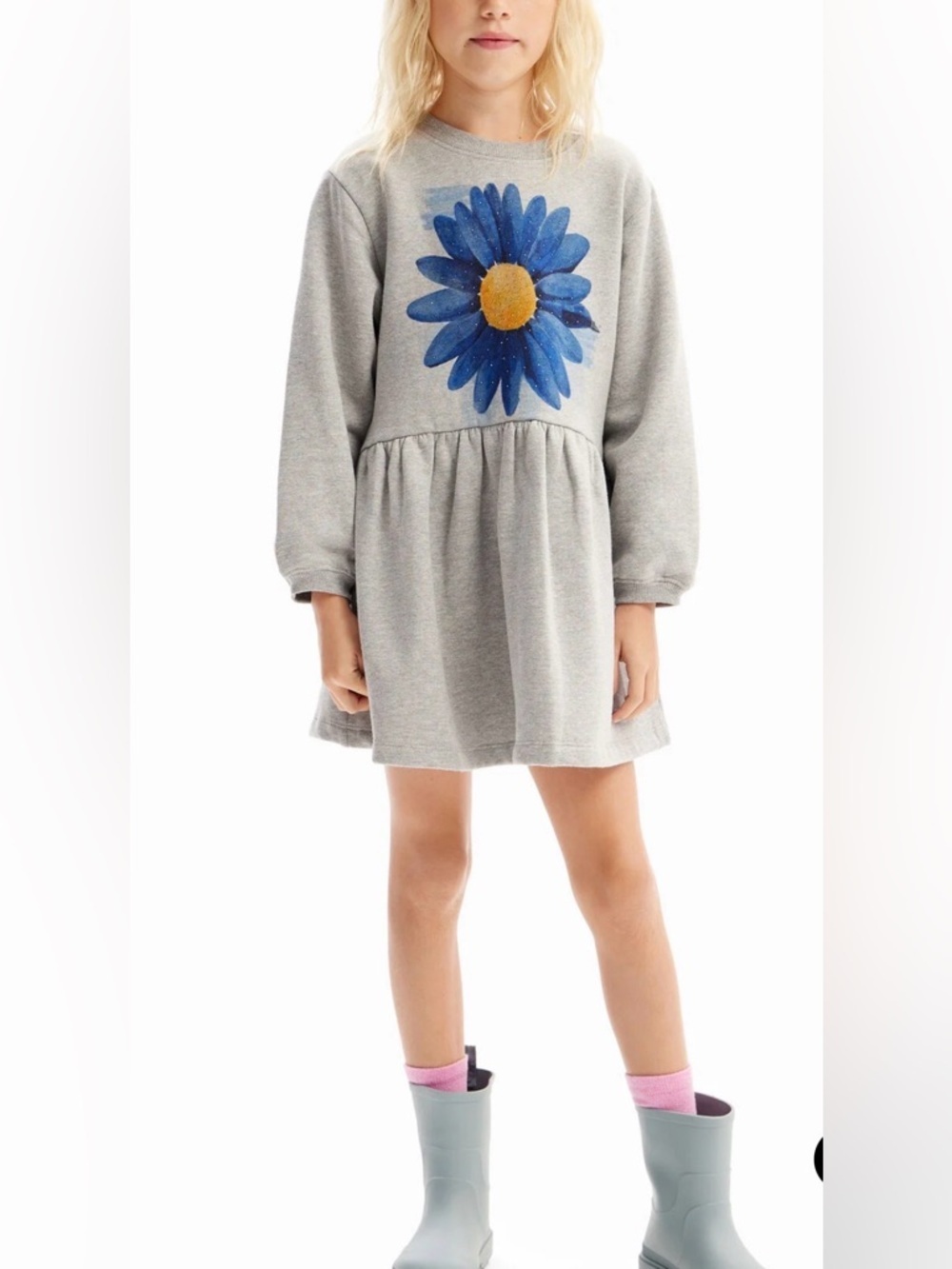 EUC! Desigual Gray Dress with Blue Flower and Yellow Center, sz 9-10